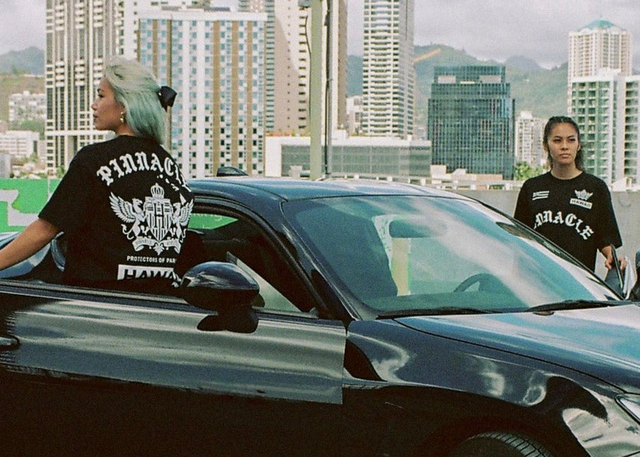 Two people standing next to a black car on a rooftop with city skyline in the background
